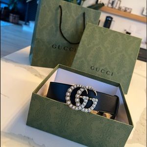 Gucci Leather Pearl Belt Double G Buckle 100% Authentic